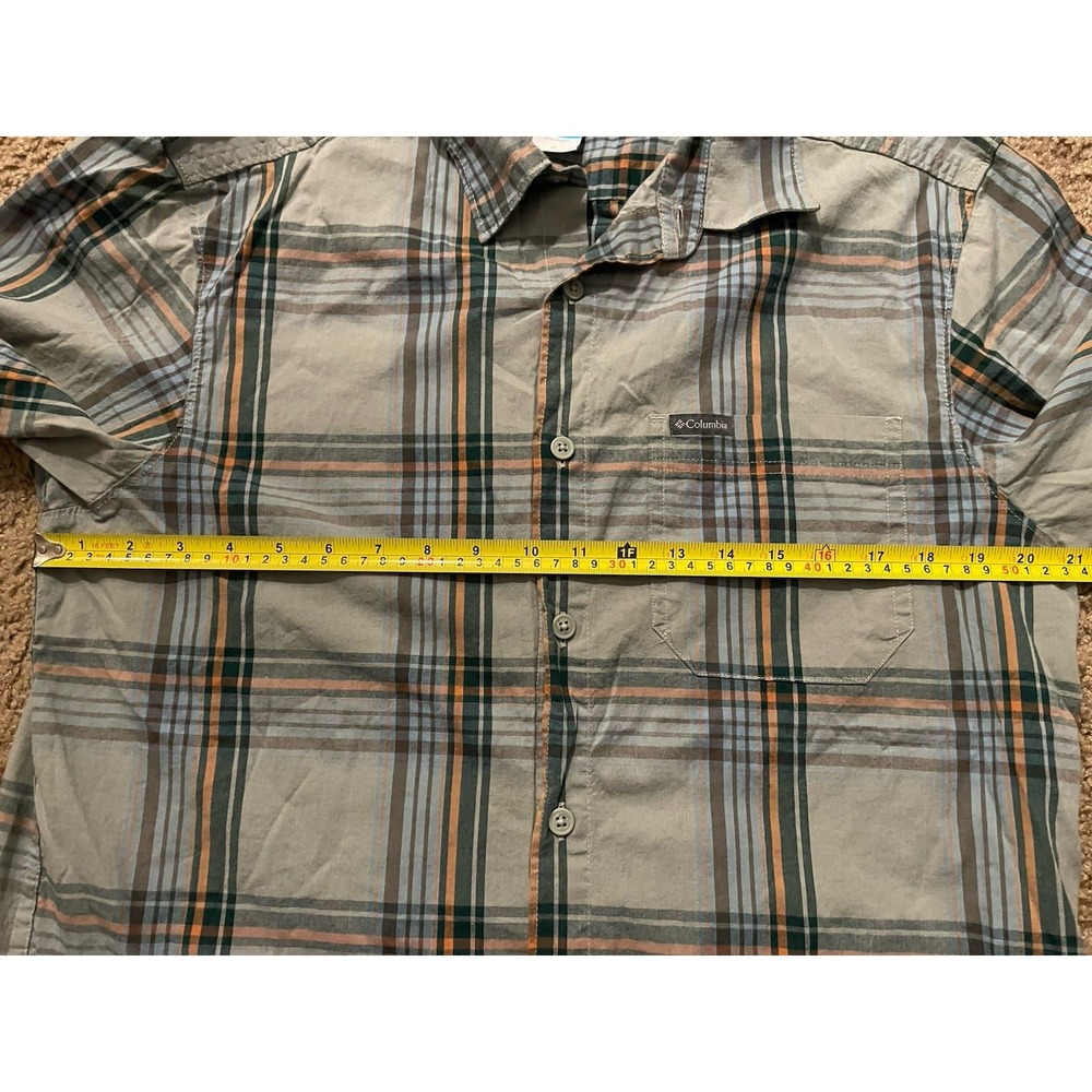 Columbia Short Sleeve Button Down Shirt Green Orange Blue Plaid Logo Medium JBHS - Picture 6 of 9